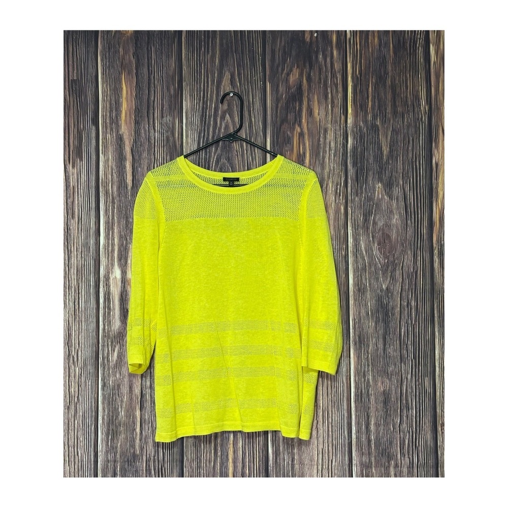 Talbots Sweater Womens M Yellow Knit 3/4 Sleeve Mesh Textured Top Pullover